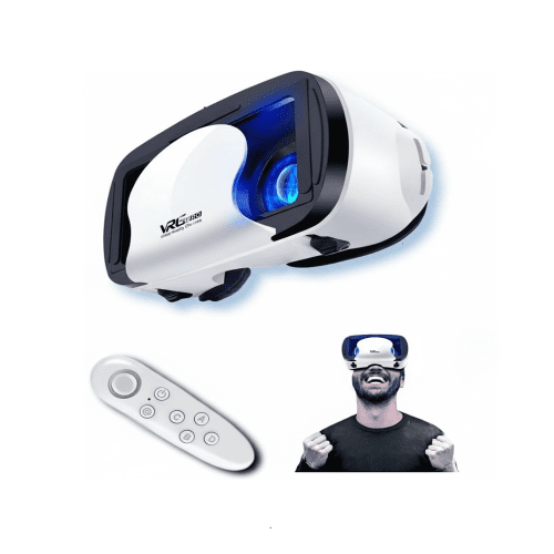 White VR PRO virtual reality glasses with glowing blue lenses, a white wireless Bluetooth controller, and a man enjoying an immersive VR experience.