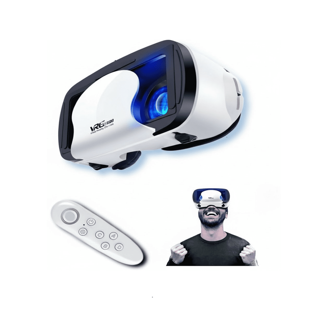 White VR PRO virtual reality glasses with glowing blue lenses, a white wireless Bluetooth controller, and a man enjoying an immersive VR experience.