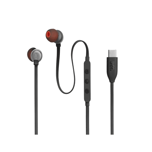 JBL Tune 310C Black in color, wired in-ear headphones with a USB-C connector, showing the three-button remote and tangle-free flat cable.